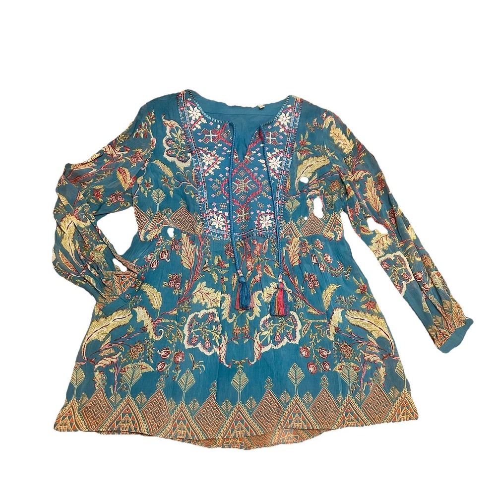 Soft Surroundings Boho Tassel Mirapani Tunic Top Blue‎ Embroidered Size M Fairy